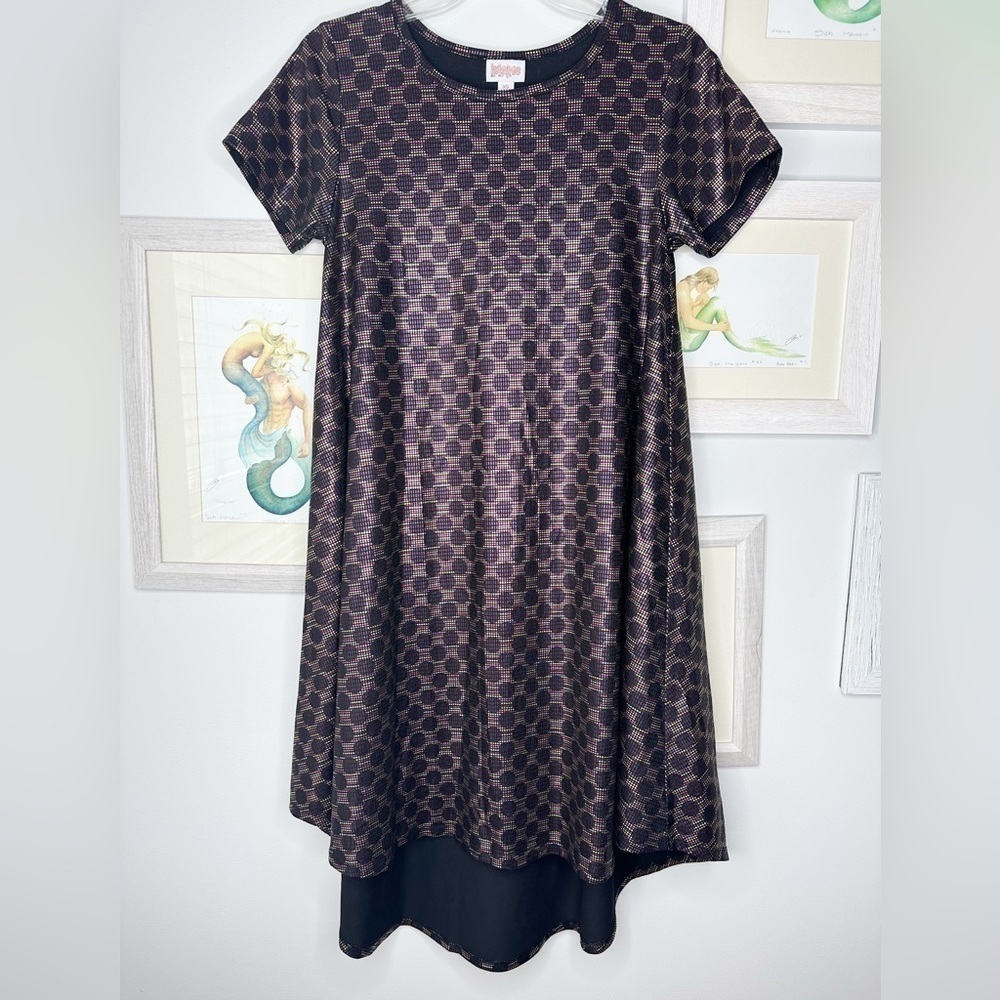 Lularoe Black, Pink, Silver, Gold Metallic Polka Dot Elegant Carly Dress Size XS